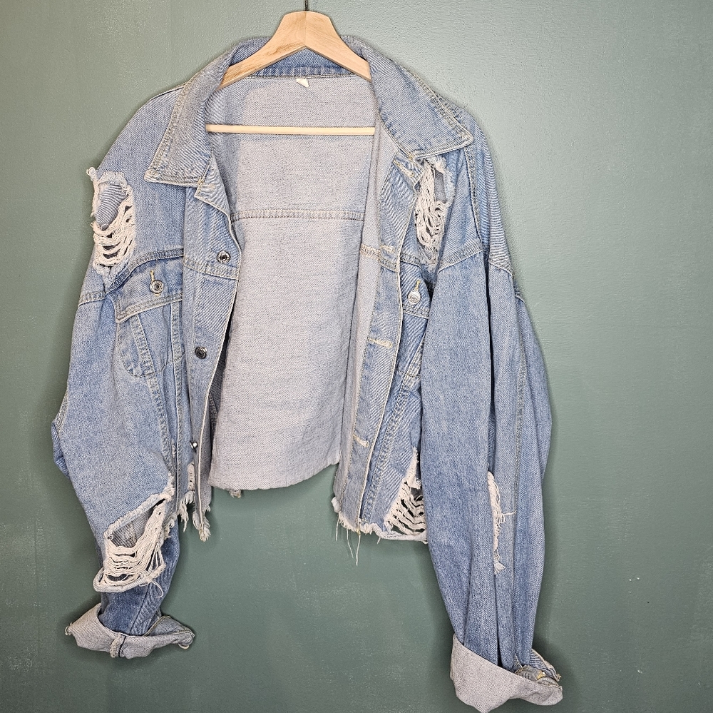 Plus size distressed denim jacket